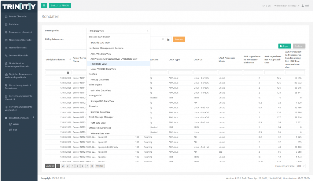 Auswahl verschiedener Datenquellen wie IBM Power HMC, VMware, NetApp und IBM Storage Protect in TRIN[IT]Y Accounting.